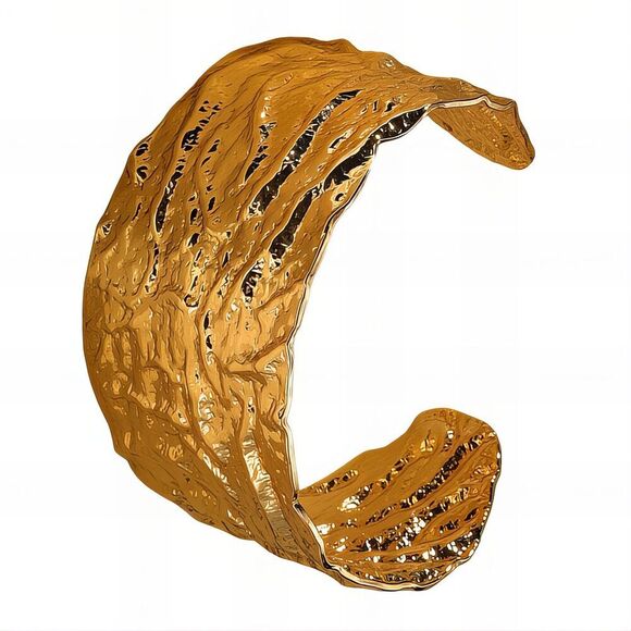 18K Gold Plated Women's Cuff Bracelet Crinkled Look Waterproof Hypoallergenic - Picture 1 of 7